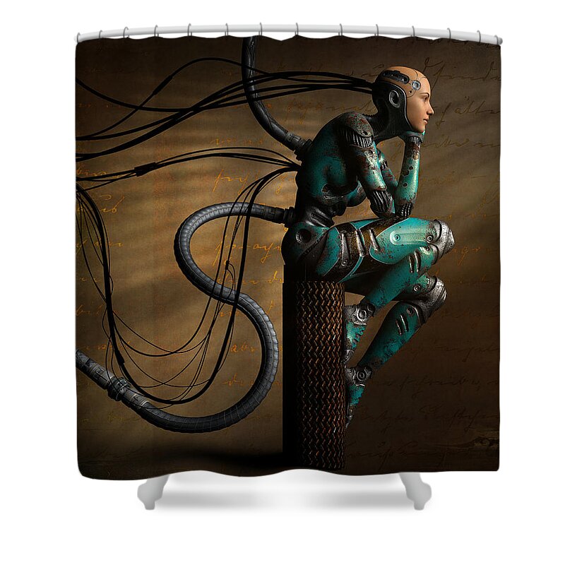 Dreaming Gold Aqua Robot Tubes Wires Shadows Light Shower Curtain featuring the digital art Dreaming #1 by Alisa Williams