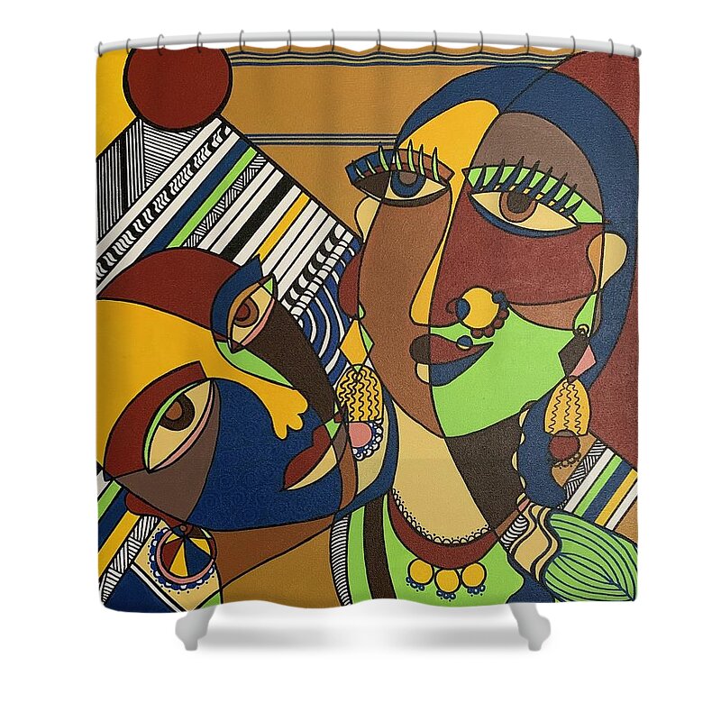 Indian Cubism Shower Curtain featuring the painting Joie de Vivre by Raji Musinipally