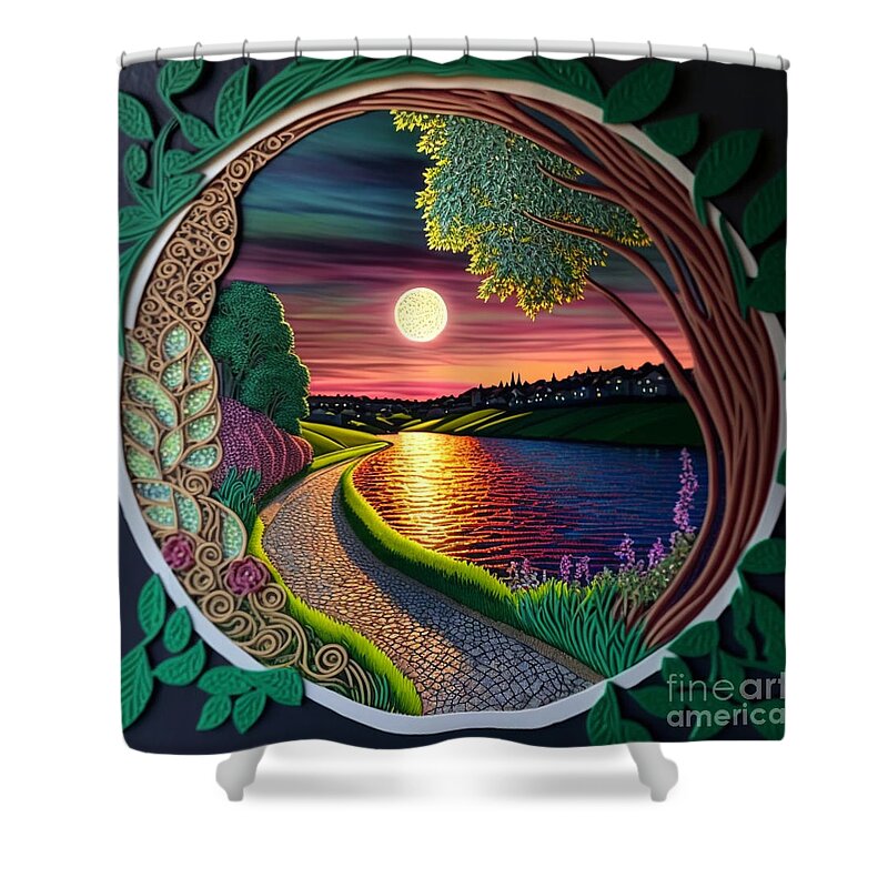 Evening Walk - Quilling Shower Curtain featuring the digital art Evening Walk - Quilling by Jay Schankman