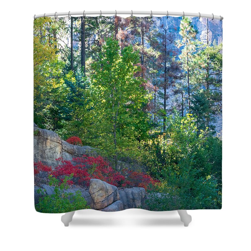 Fstop101 Oak Creek Canyon Sedona Fall Colors Landscape Red Shower Curtain featuring the photograph Fall Colors in Sedona's Oak Creek Canyon #2 by Geno
