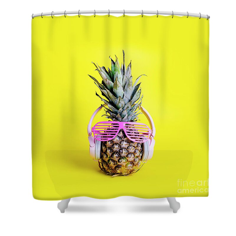 Pineapple Shower Curtain featuring the photograph Fashionable trendy pineapple fruit with headphones and sun glas #1 by Jelena Jovanovic