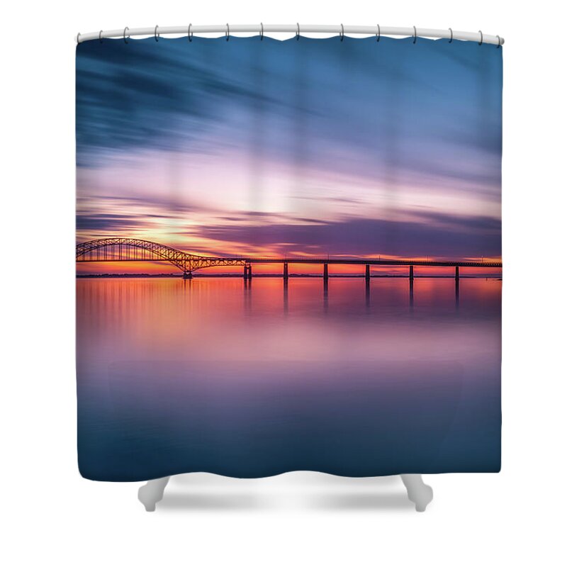 Bay Shower Curtain featuring the photograph Fire Island Inlet Bridge #1 by John Randazzo