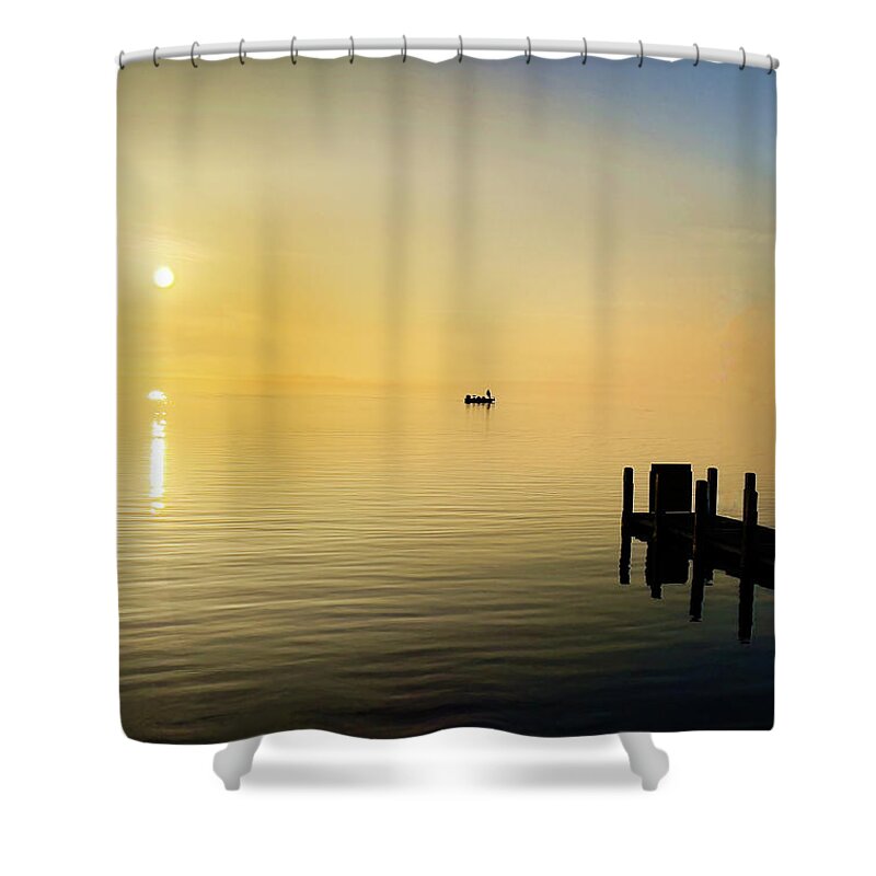 Fishing Shower Curtain featuring the photograph Fishing at Sunrise #1 by Joe Holley