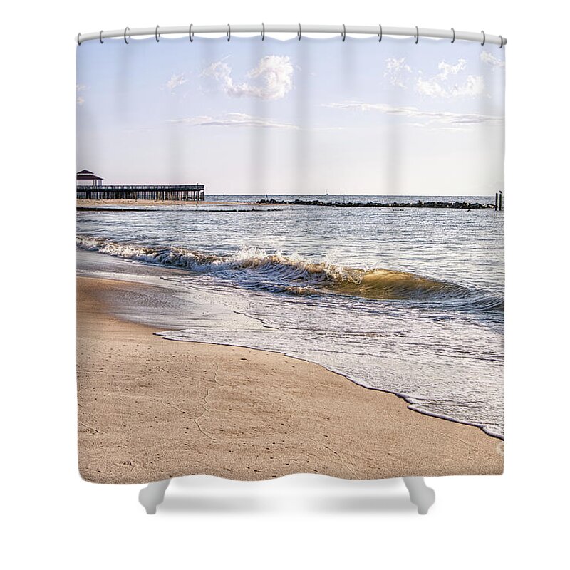 Buckroe Beach Shower Curtain featuring the photograph Fishing Pier at Buckroe Beach #1 by Robert Anastasi