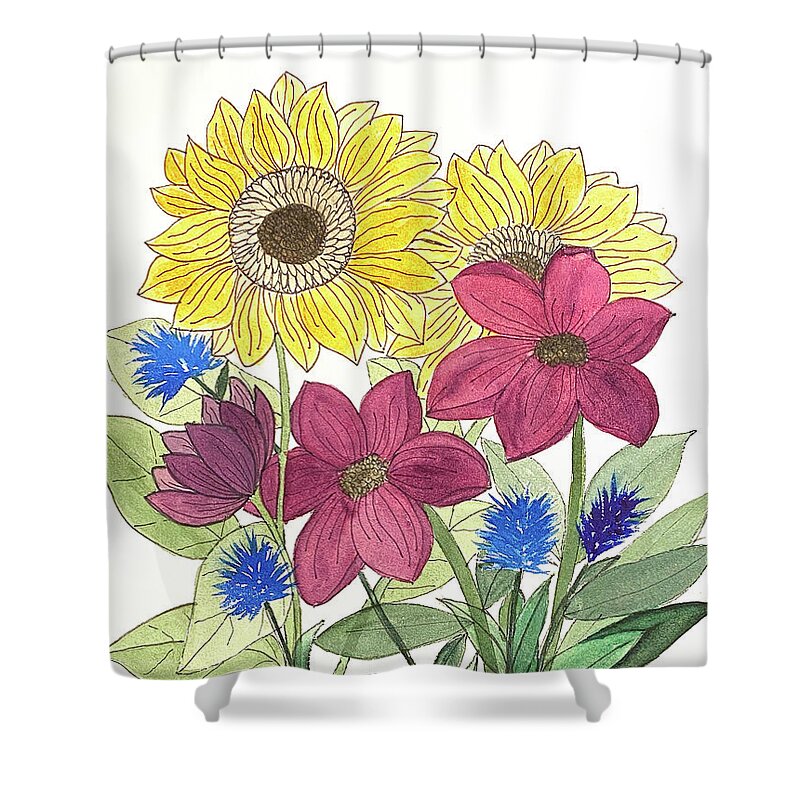 Sunflowers Shower Curtain featuring the mixed media Flowers #1 by Lisa Neuman