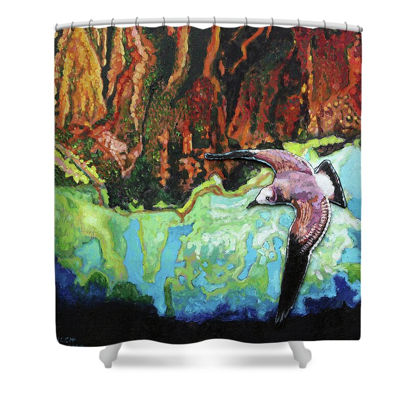 Sea Gull Shower Curtain featuring the painting Flying High #1 by John Lautermilch