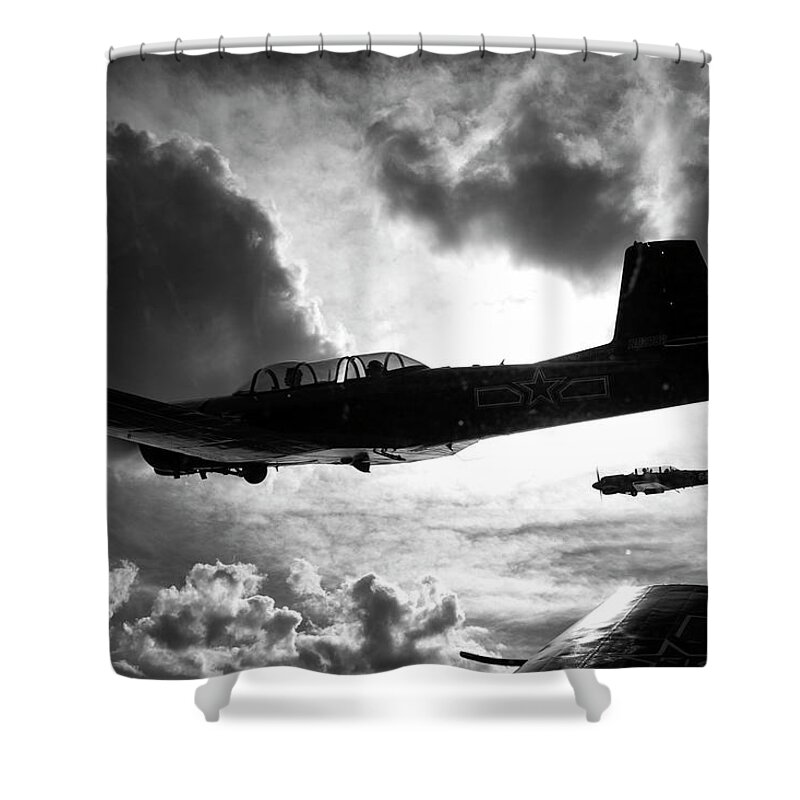 Black Shower Curtain featuring the photograph Formation Flight in Black and White by Carolyn Hutchins
