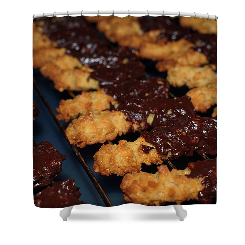 Baked Goods Shower Curtain featuring the photograph Fresh golden cookies with chocolate #1 by Ulrich Kunst And Bettina Scheidulin