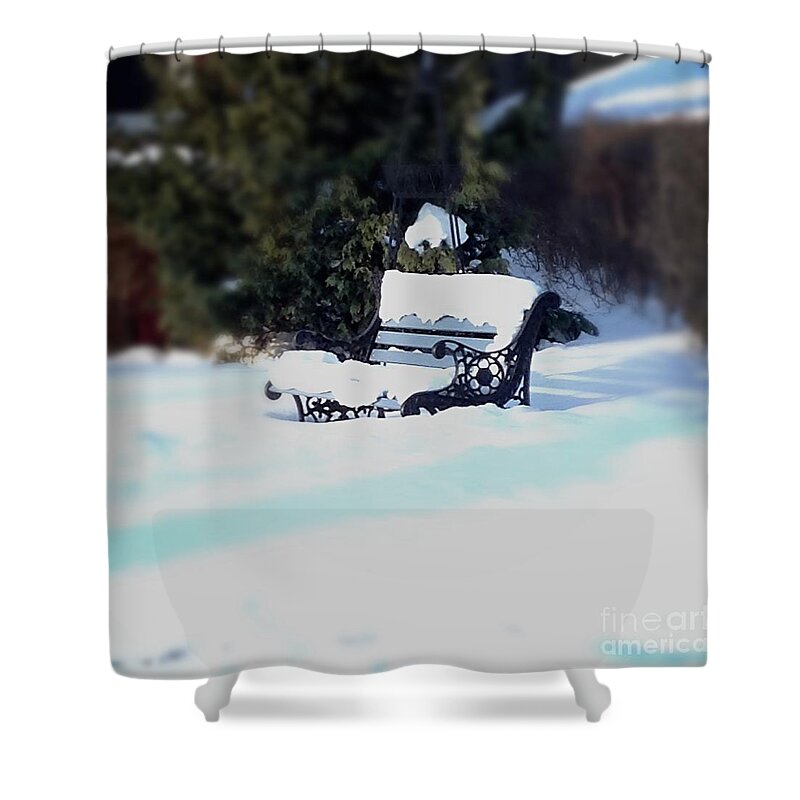 Documentary Photograph Shower Curtain featuring the photograph Frozen Bench #2 by Frank J Casella