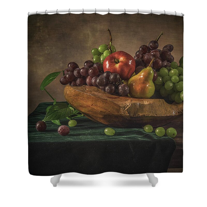 Still Life Shower Curtain featuring the pyrography Fruits by Anna Rumiantseva