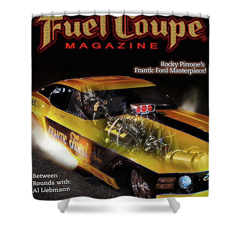 Funny Car Shower Curtain featuring the pyrography Fuel Coupe Magazine #1 by Kenny Youngblood
