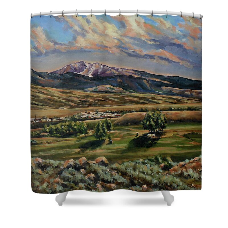 Western Landscape Shower Curtain featuring the painting Gardiner and Electric Peak From Scotty's Place by Les Herman