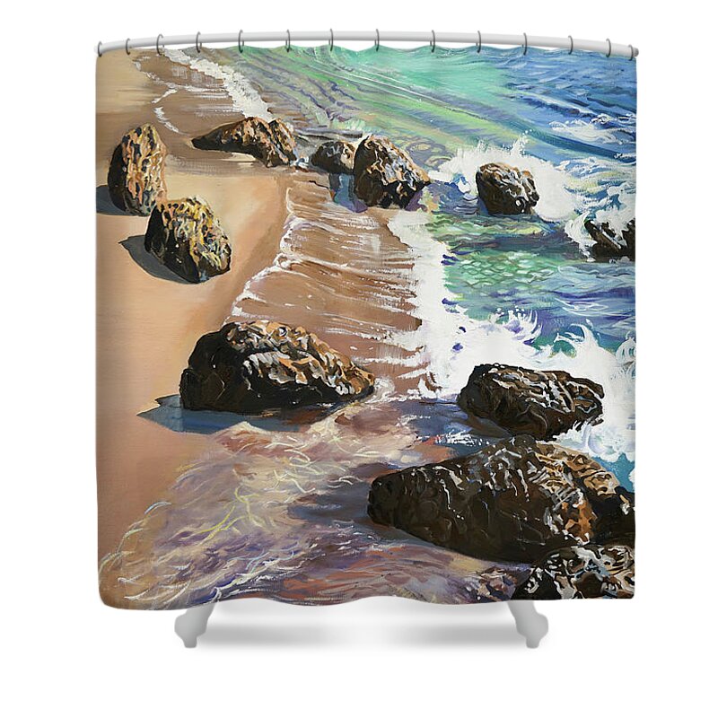 Beach Shower Curtain featuring the painting Gems on the Beach #1 by Shirley Peters