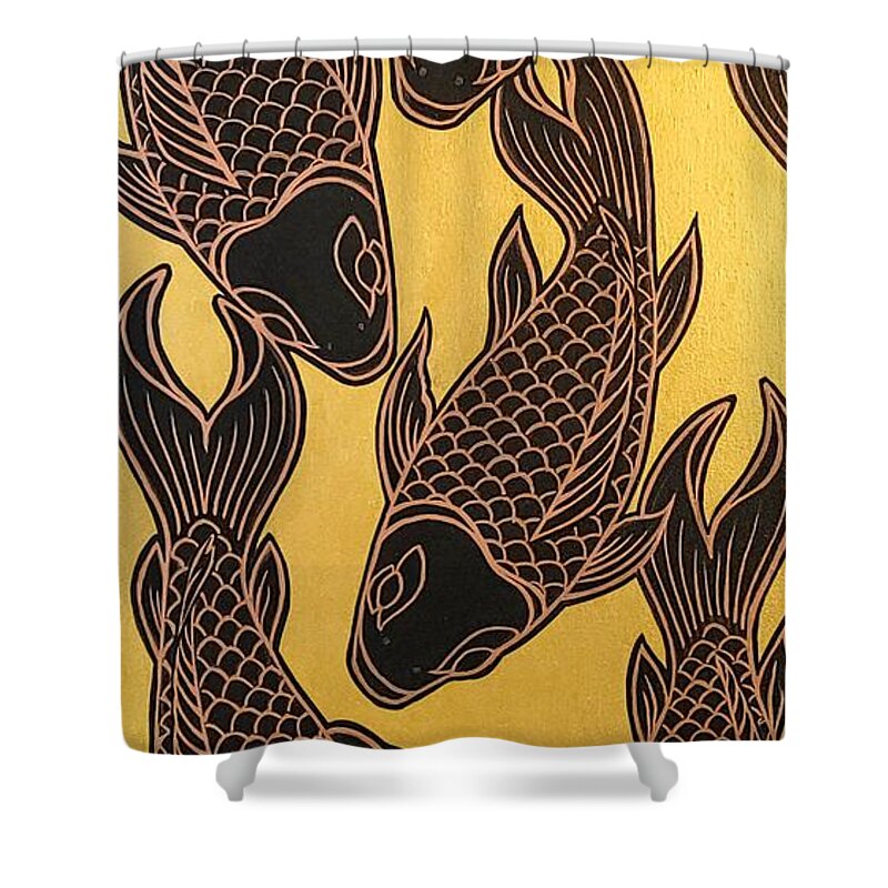 Koi Fish Gold Copper Swimming Shower Curtain featuring the painting Gold School #1 by Bryon Stewart