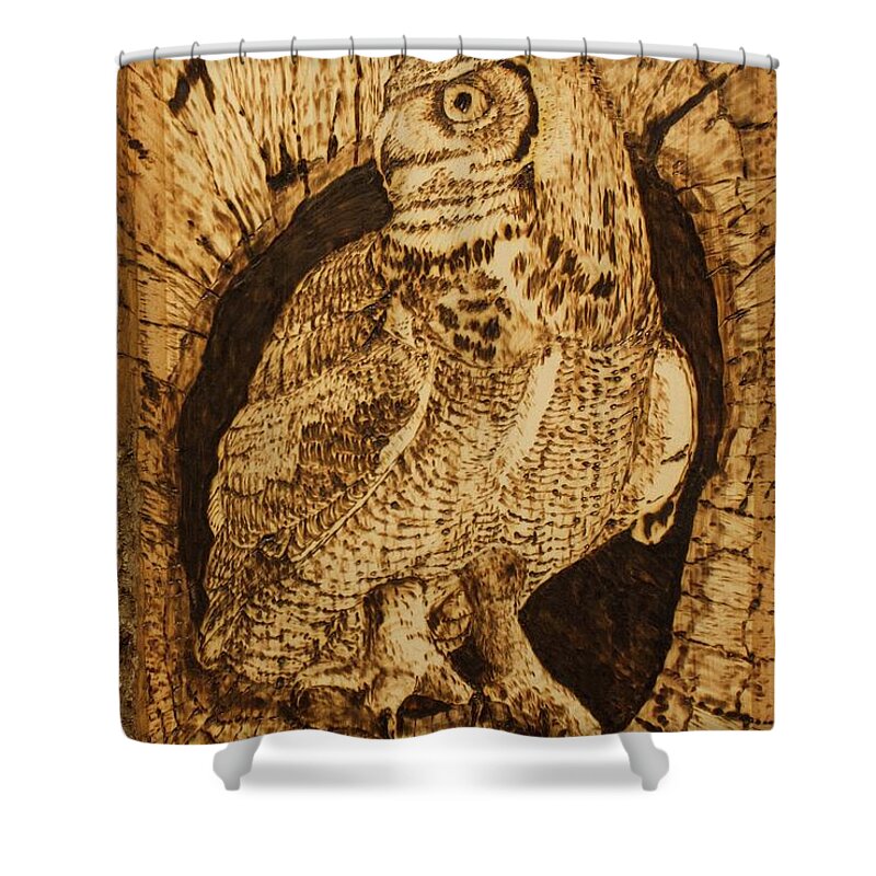 Great Horned Owl Shower Curtain featuring the pyrography Great Horned Owl by Terry Frederick