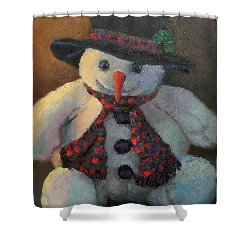 Snowman Christmas Stuffed Animal Holidays Winter Snow Snowflake Wisconsin Driftless Region Shower Curtain featuring the painting Grinning Snowman #2 by Jeff Dickson
