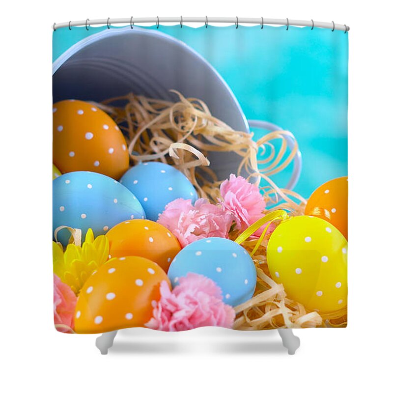 Easter Shower Curtain featuring the photograph Happy Easter ornaments, eggs and spring flowers #1 by Milleflore Images