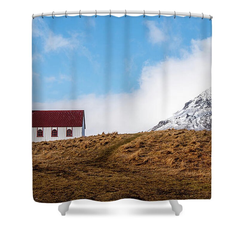 Iceland Shower Curtain featuring the photograph Hellnar church in Snaefellsnes peninsula of Western Iceland. by Michalakis Ppalis
