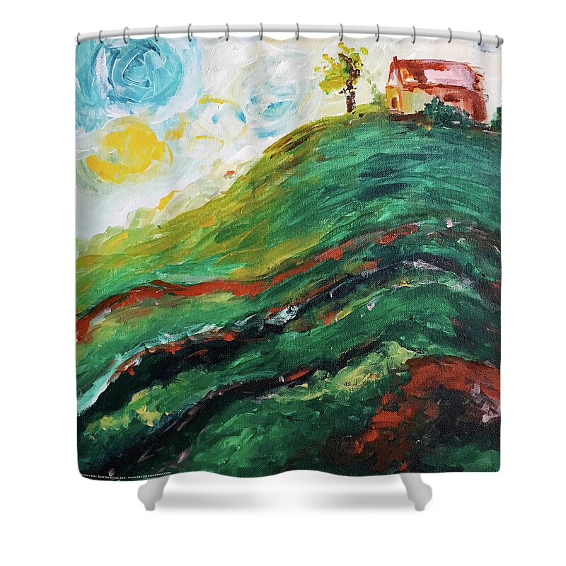 Landscape Shower Curtain featuring the painting House on a Hill #1 by Roxy Rich