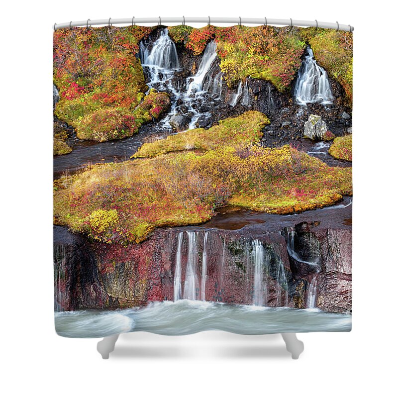 Attraction Shower Curtain featuring the photograph Hraunfossar or Lava Falls, Snaefellsnes peninsula, Iceland. This #1 by Jane Rix