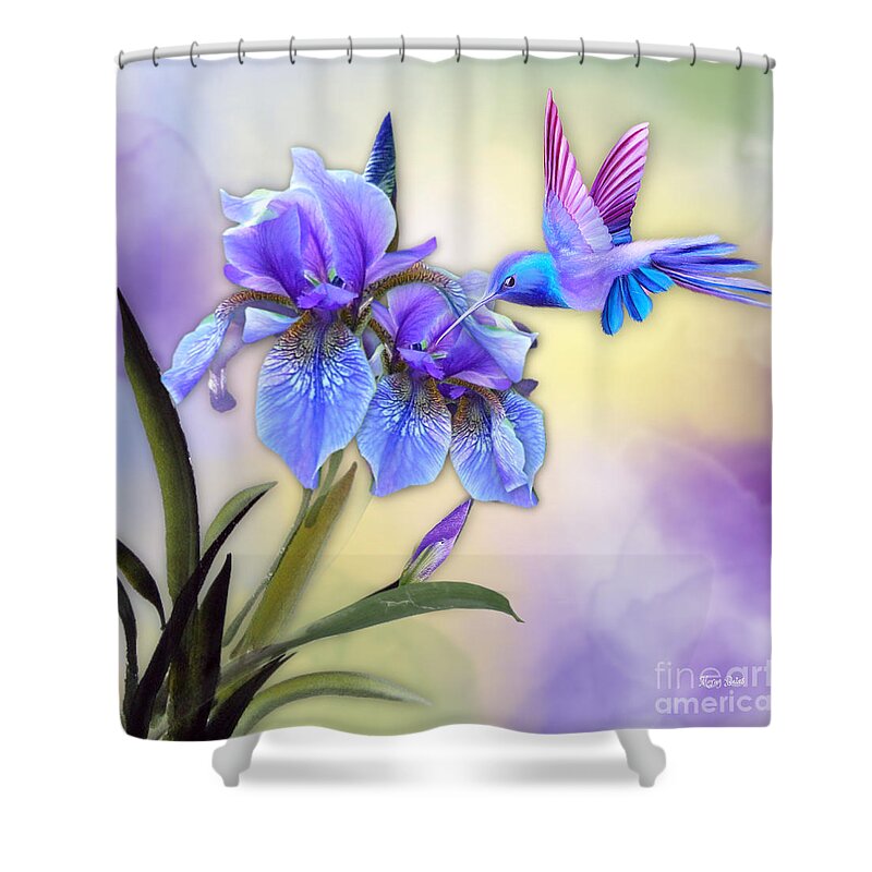 Hummingbird Shower Curtain featuring the mixed media Hummingbird on Iris #3 by Morag Bates