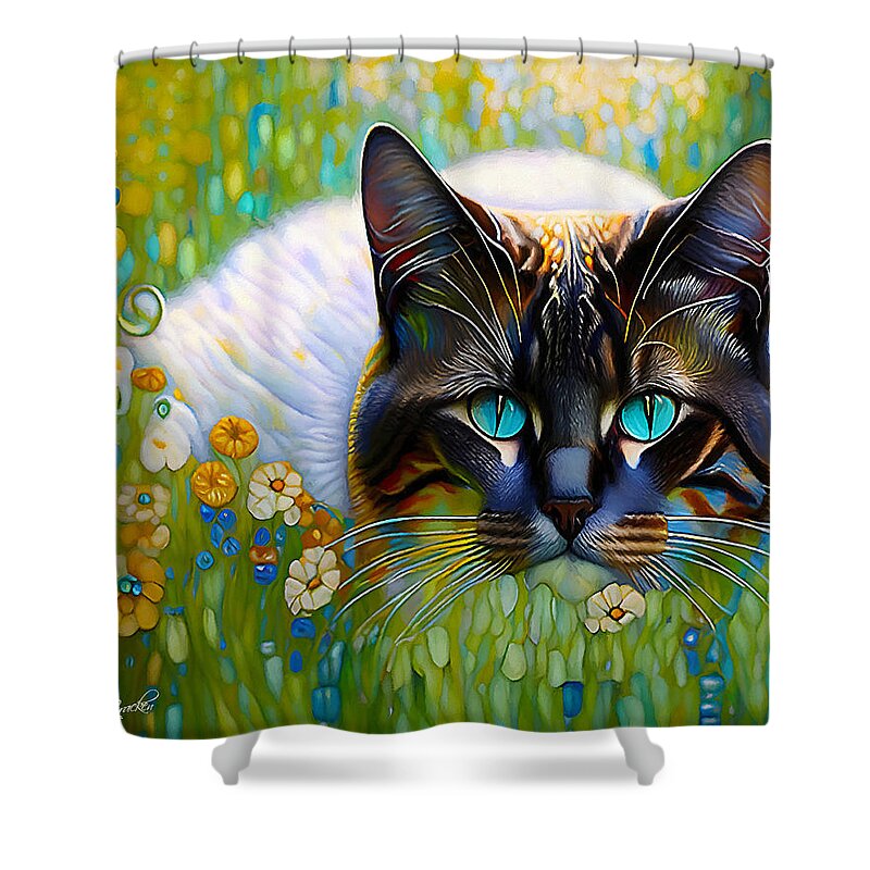 Cat Shower Curtain featuring the mixed media I See You by Pennie McCracken