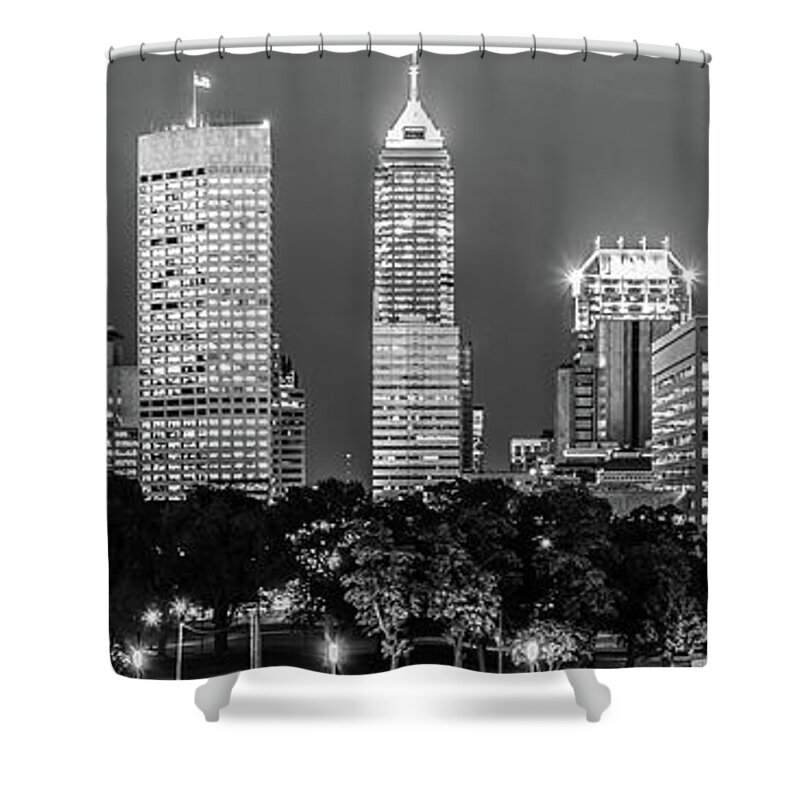 2013 Shower Curtain featuring the photograph Indianapolis Skyline at Night Black and White Panoramic Photo #1 by Paul Velgos