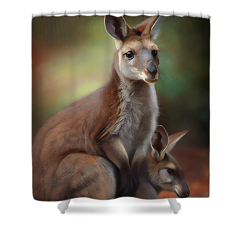 Kangaroo Oil Painting Art Shower Curtain featuring the digital art kangaroo oil painting by Asar Studios #1 by Celestial Images
