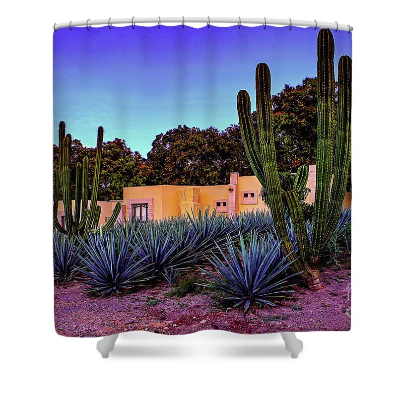 Hacienda Shower Curtain featuring the digital art La Hacienda in Tequila #1 by Marisol VB