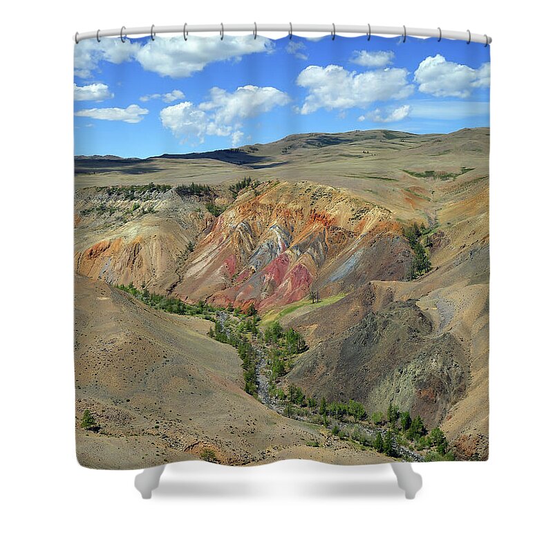 Landscape Shower Curtain featuring the photograph Landscape with deposit of colorful clay in the Altai Mountains #1 by Mikhail Kokhanchikov