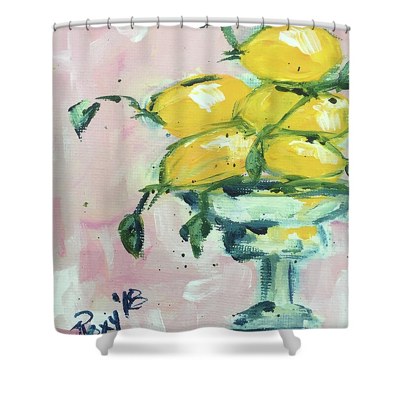 Lemon Shower Curtain featuring the painting Lemon Pedestal by Roxy Rich