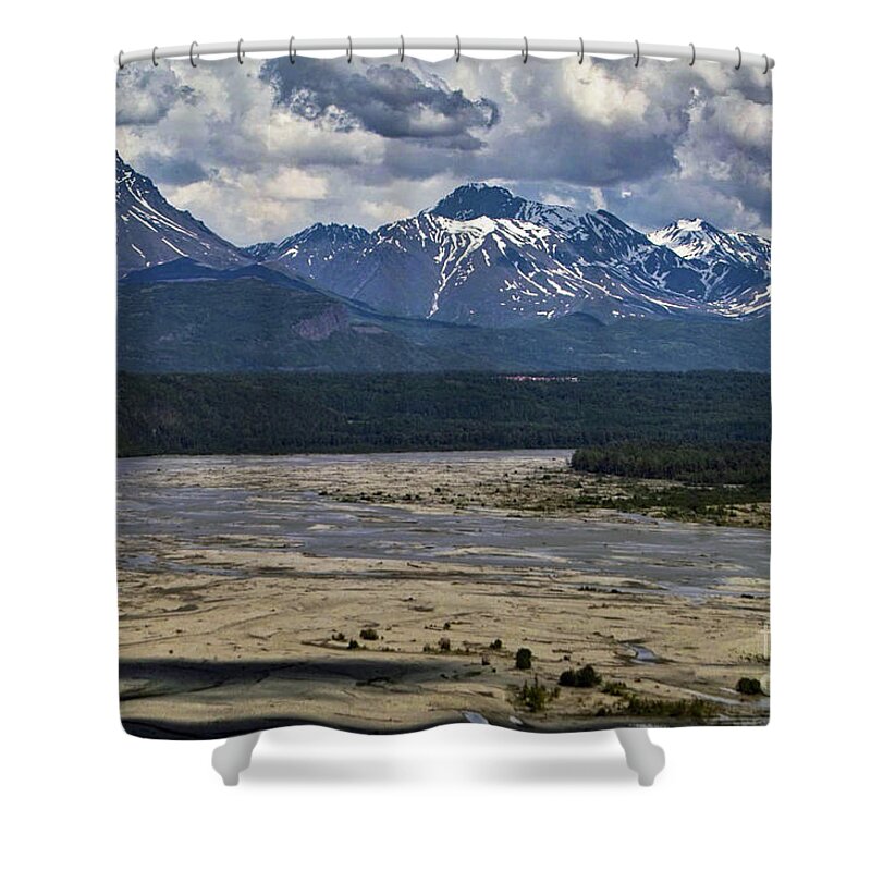 Matanuska Shower Curtain featuring the photograph Matanuska River and Mountains #1 by Kimberly Blom-Roemer