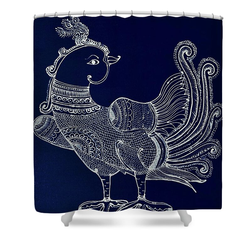 Kalamkari Shower Curtain featuring the painting Peacock - Royal Blue by Bnte Creations