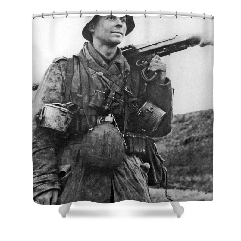 Mg 15 Machine Gunner In The Cockpit Of A Dornier Do 17 Bomber Shower Curtain featuring the painting MG 15 machine gunner in the cockpit of a Dornier Do 17 bomber by MotionAge Designs