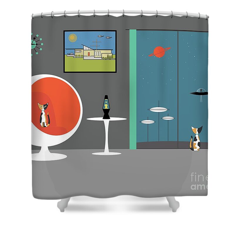 Mid Century Modern Shower Curtain featuring the digital art Mid Century Cat Spies Flying Saucer by Donna Mibus