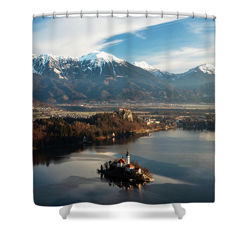 Bled Shower Curtain featuring the photograph Morning over Lake Bled from Mala Osojnica #1 by Ian Middleton