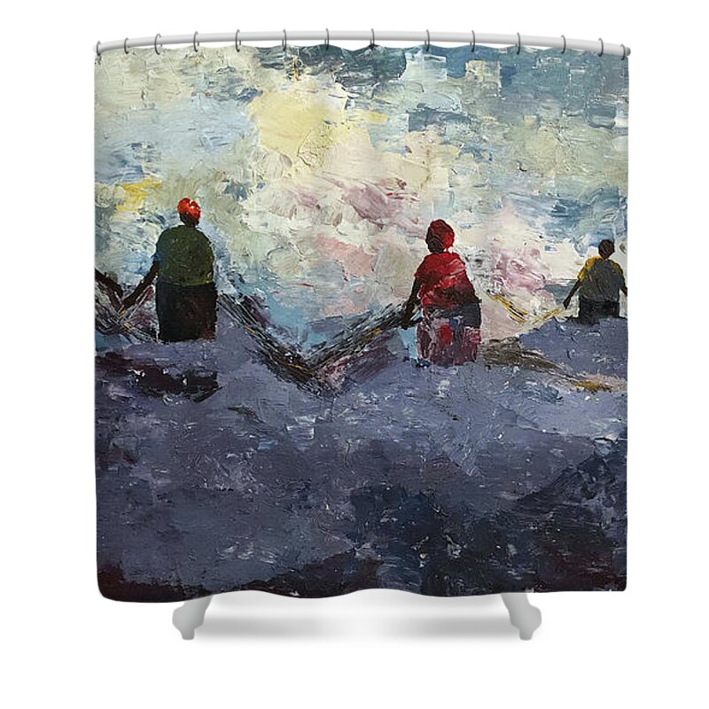 African Art Shower Curtain featuring the painting Morning Tide by Tarizai Munsvhenga