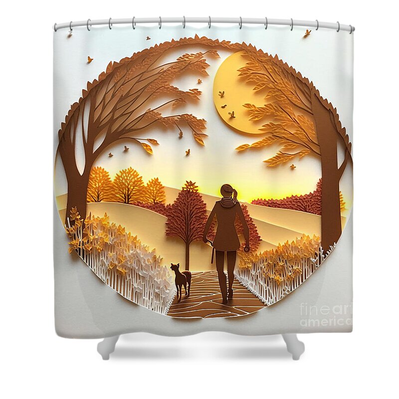 Morning Walk - Quilling Shower Curtain featuring the mixed media Morning Walk - Quilling by Jay Schankman
