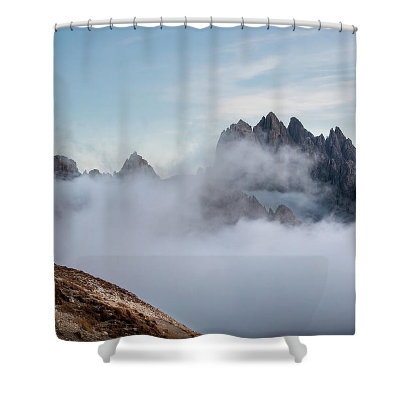 Italian Alps Shower Curtain featuring the photograph Mountain landscape with fog in autumn. Tre Cime dolomiti Italy. by Michalakis Ppalis