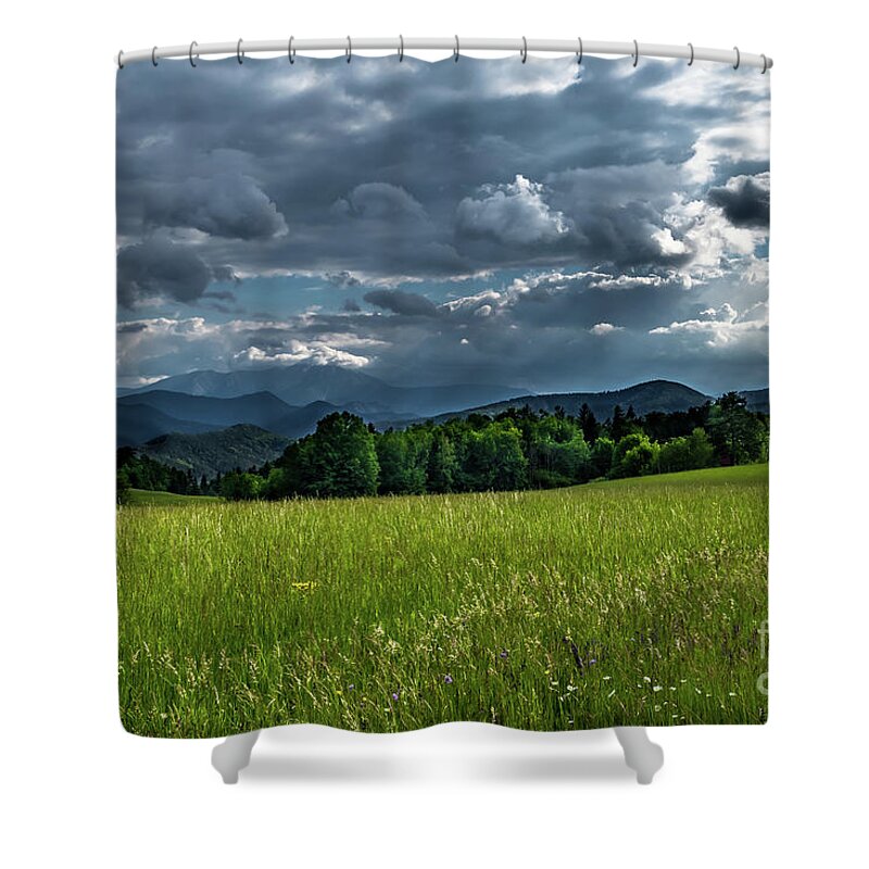 Alps Alpine Shower Curtain featuring the photograph Mountains Of Alps And Rural Landscape In Austria by Andreas Berthold