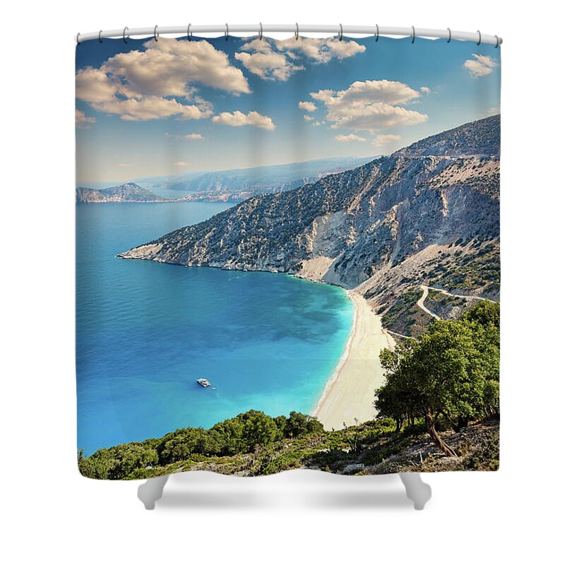 Myrtos Shower Curtain featuring the photograph Myrtos beach in Kefalonia, Greece #1 by Constantinos Iliopoulos