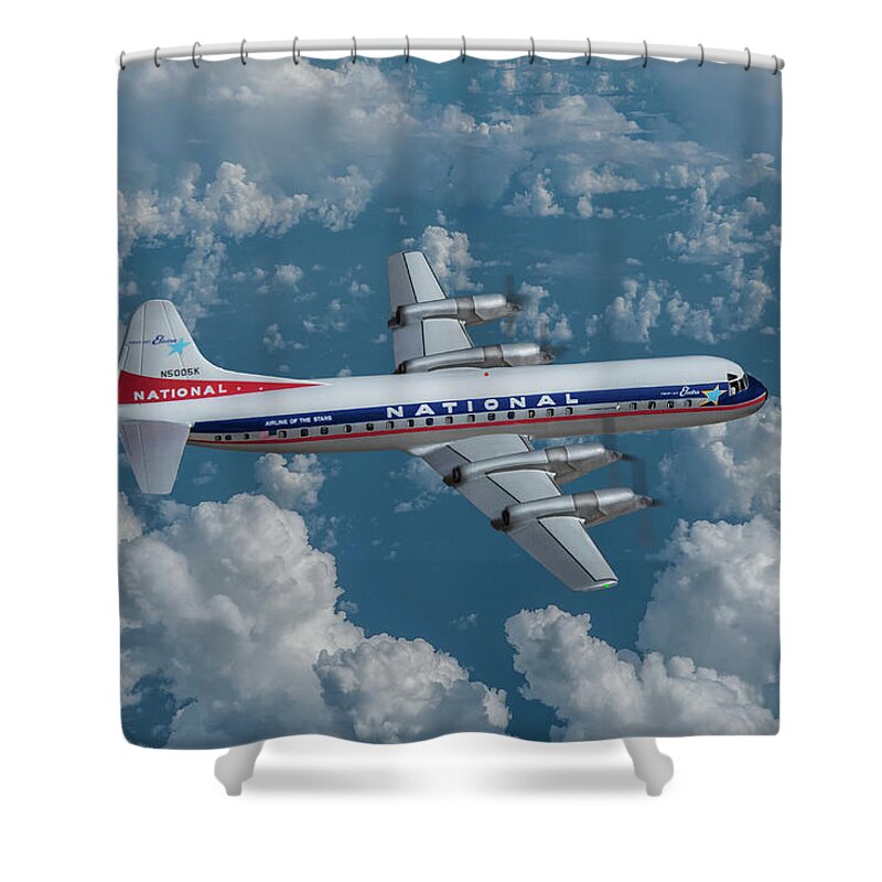 National Airlines Shower Curtain featuring the digital art National Airlines Lockheed Electra by Erik Simonsen