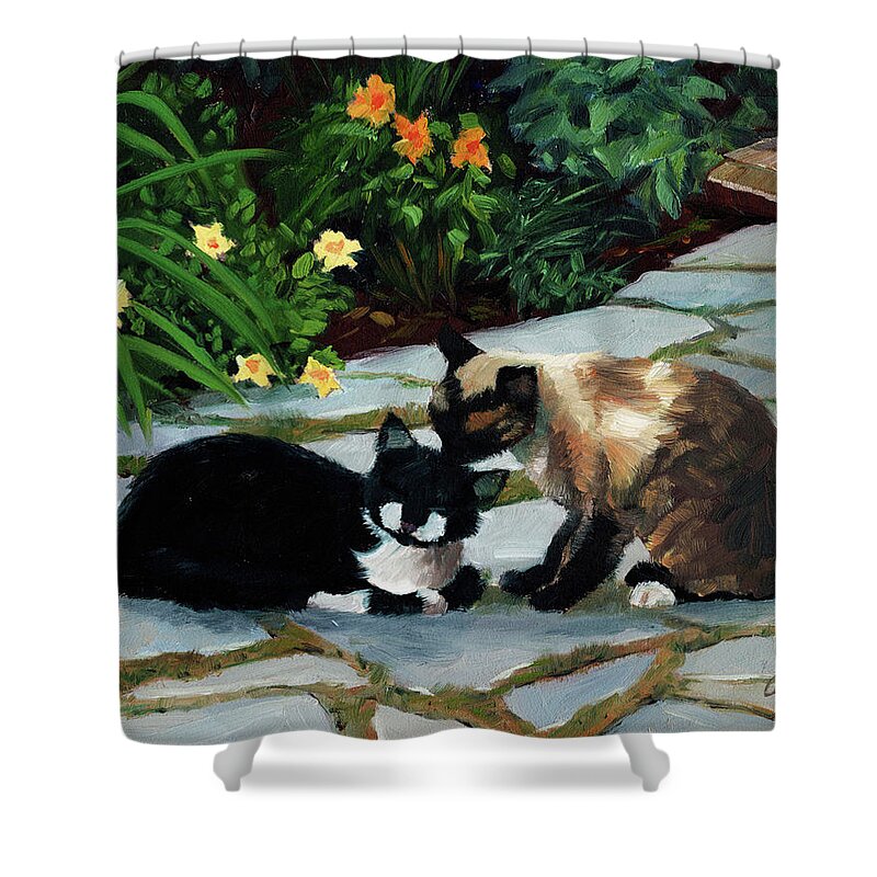 Cats Shower Curtain featuring the painting Nikki and Oreo #1 by Alice Leggett
