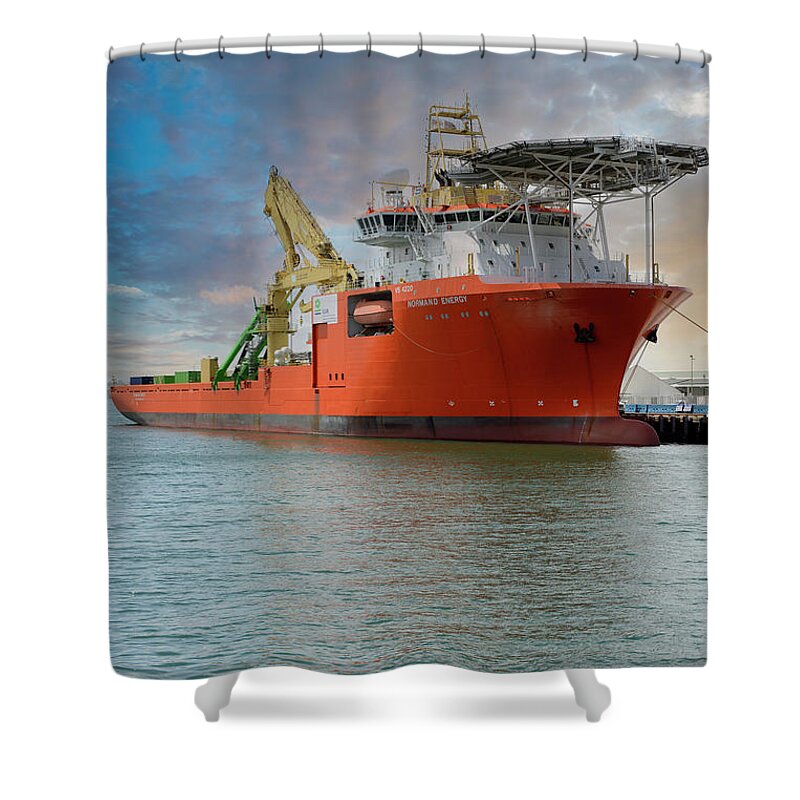 Normand Energy Shower Curtain featuring the photograph Normand Energy pipe laying vessel #1 by Chris Smith
