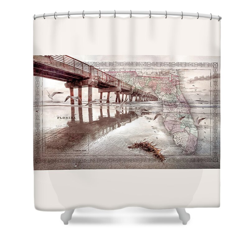 Antique Shower Curtain featuring the photograph Ocean Pier Beachhouse Vintage Map Seascape #1 by Debra and Dave Vanderlaan