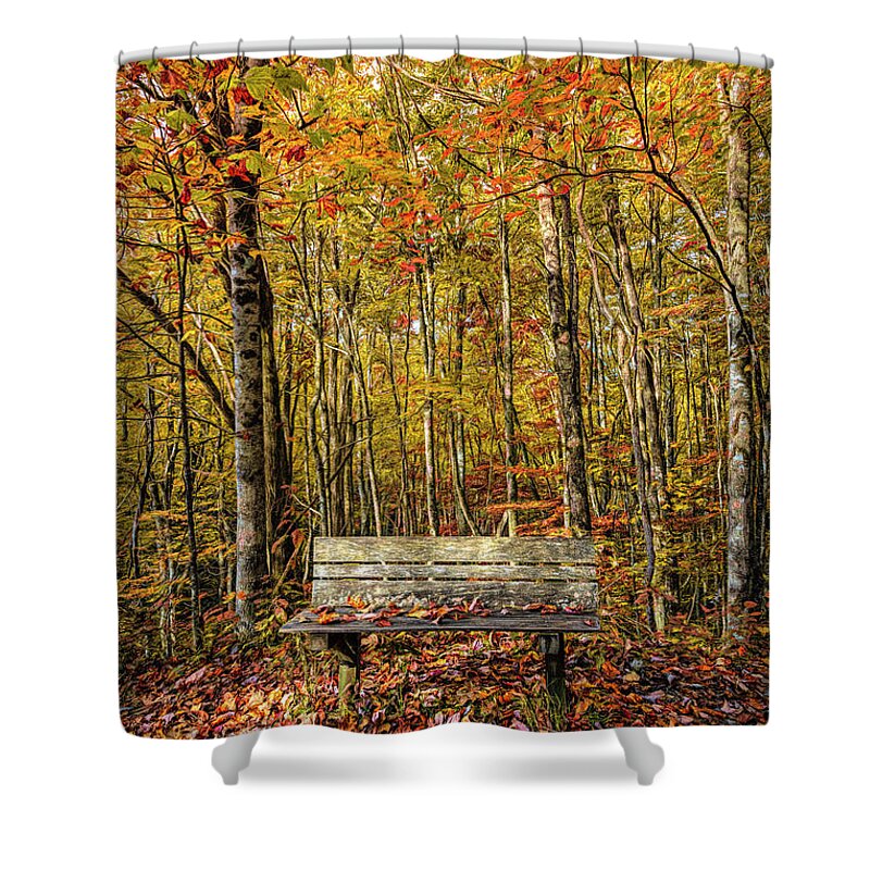 Fall Shower Curtain featuring the photograph Old Bench in the Fallen Leaves Creeper Trail in Autumn Fall Colo #1 by Debra and Dave Vanderlaan