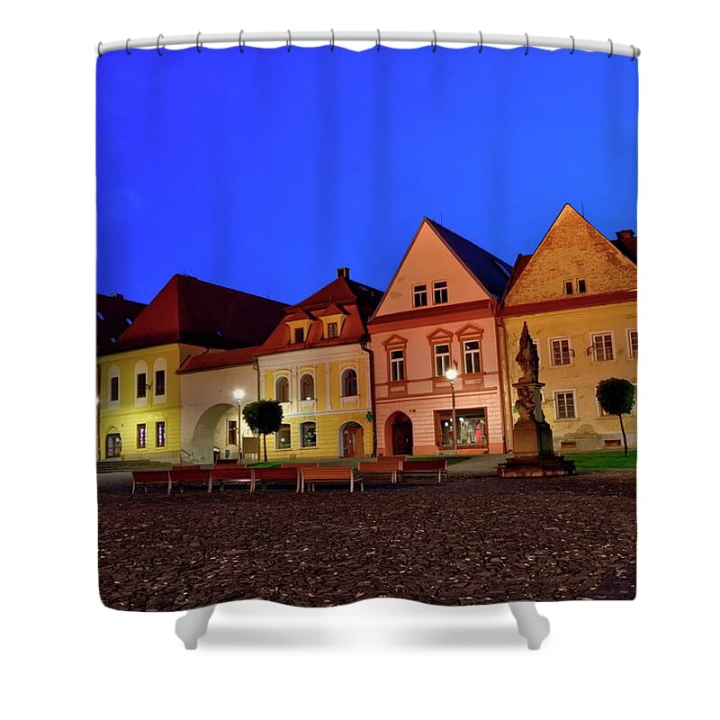 Town Shower Curtain featuring the photograph Old town houses in Bardejov city, Slovakia #1 by Elenarts - Elena Duvernay photo