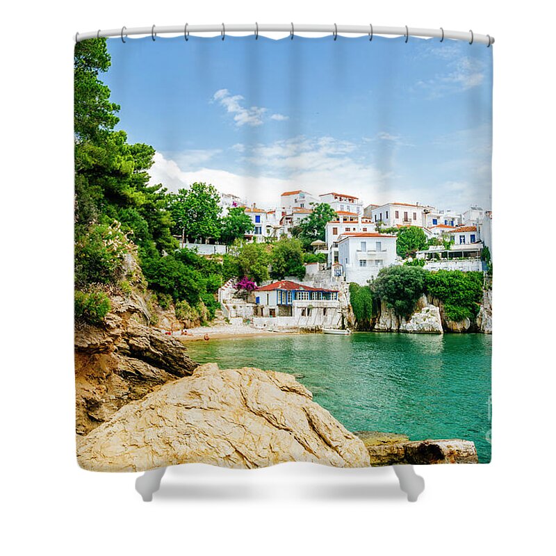 Skiathos Shower Curtain featuring the photograph Old town view of Skiathos island, Sporades, Greece #1 by Jelena Jovanovic