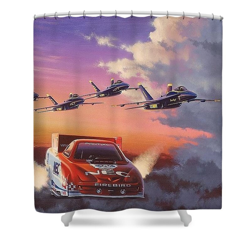 Nhra Funny Cars Kenny Youngblood Gary Densham Nitro Blue Angels Shower Curtain featuring the painting On Angel's Wings #1 by Kenny Youngblood