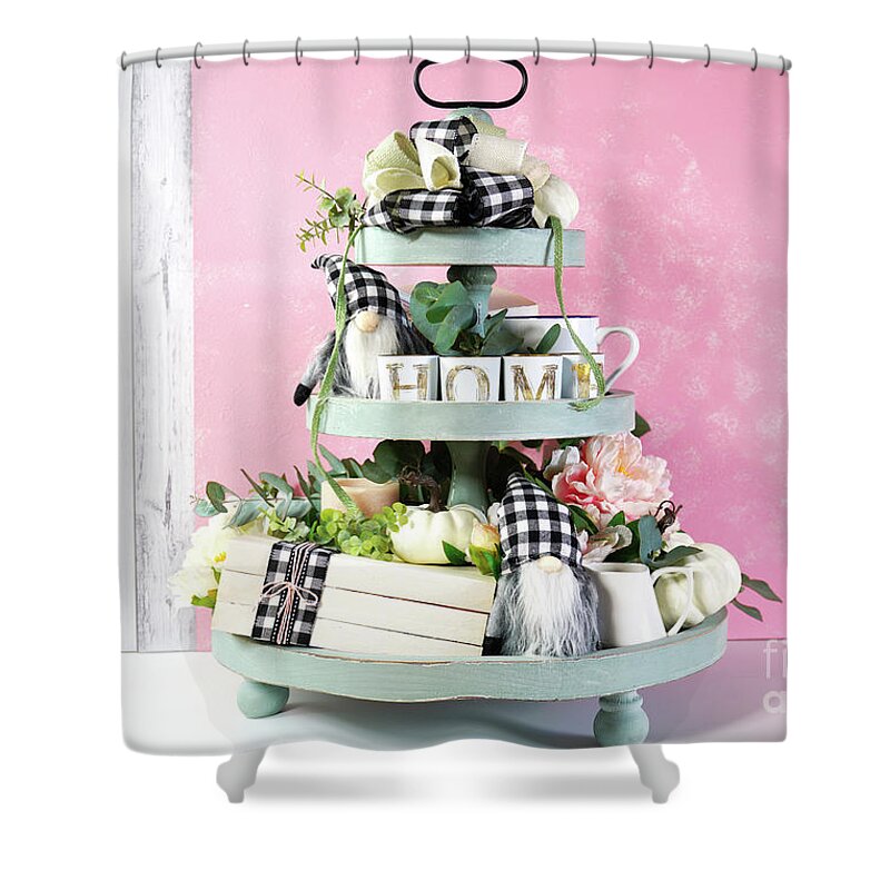 On-trend Farmhouse aesthetic three tiered tray decor. Shower
